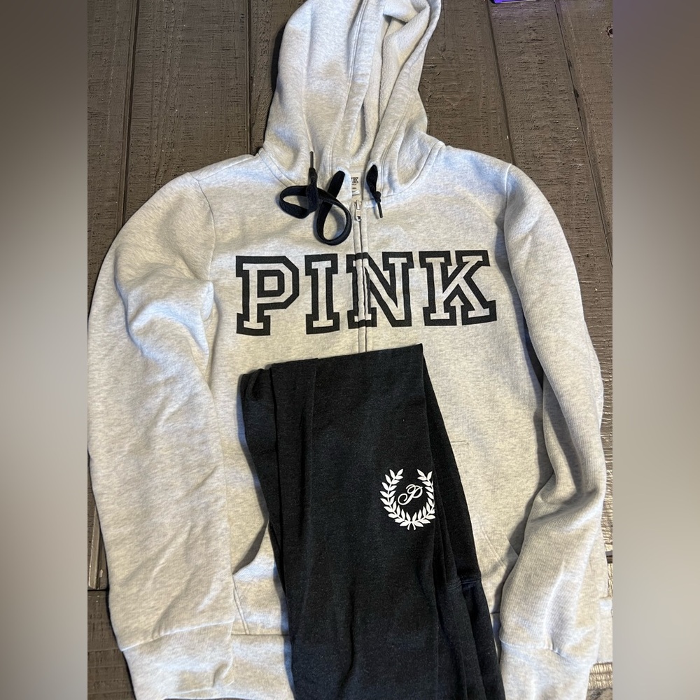 3 Piece VS PINK Gray Hoodie
Size S, Black Leggings Small Short & VS PINK Tee XS